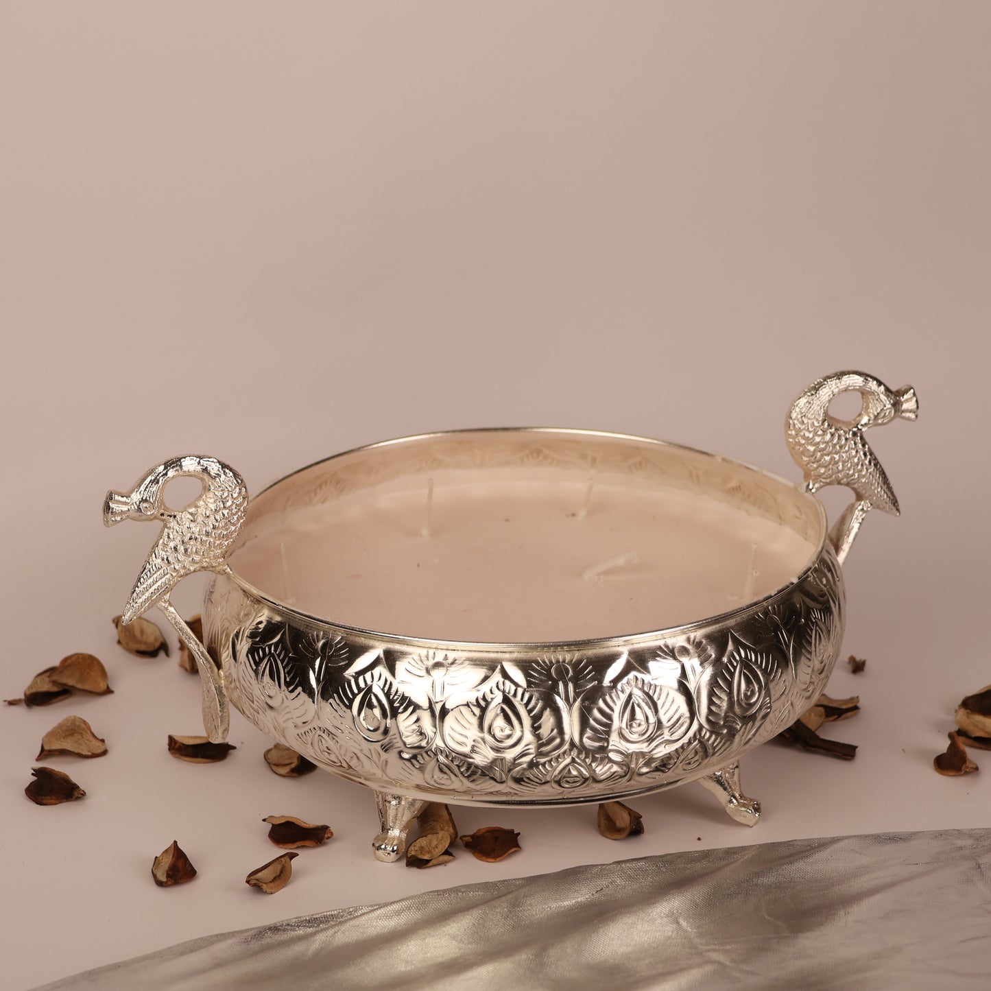 The Silver Brass Majesty Peacock Urli Candle