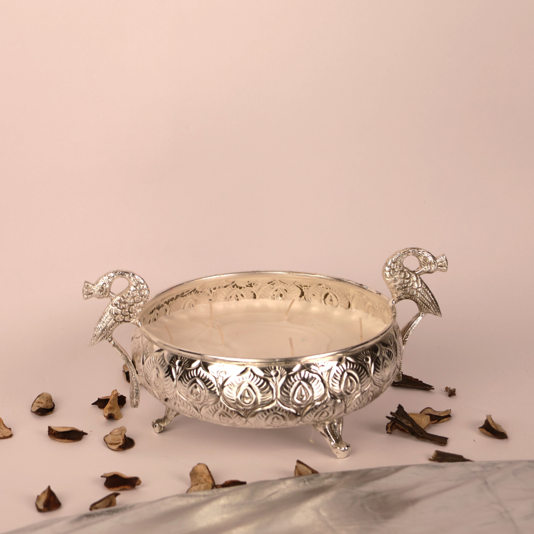 The Silver Brass Majesty Peacock Urli Candle