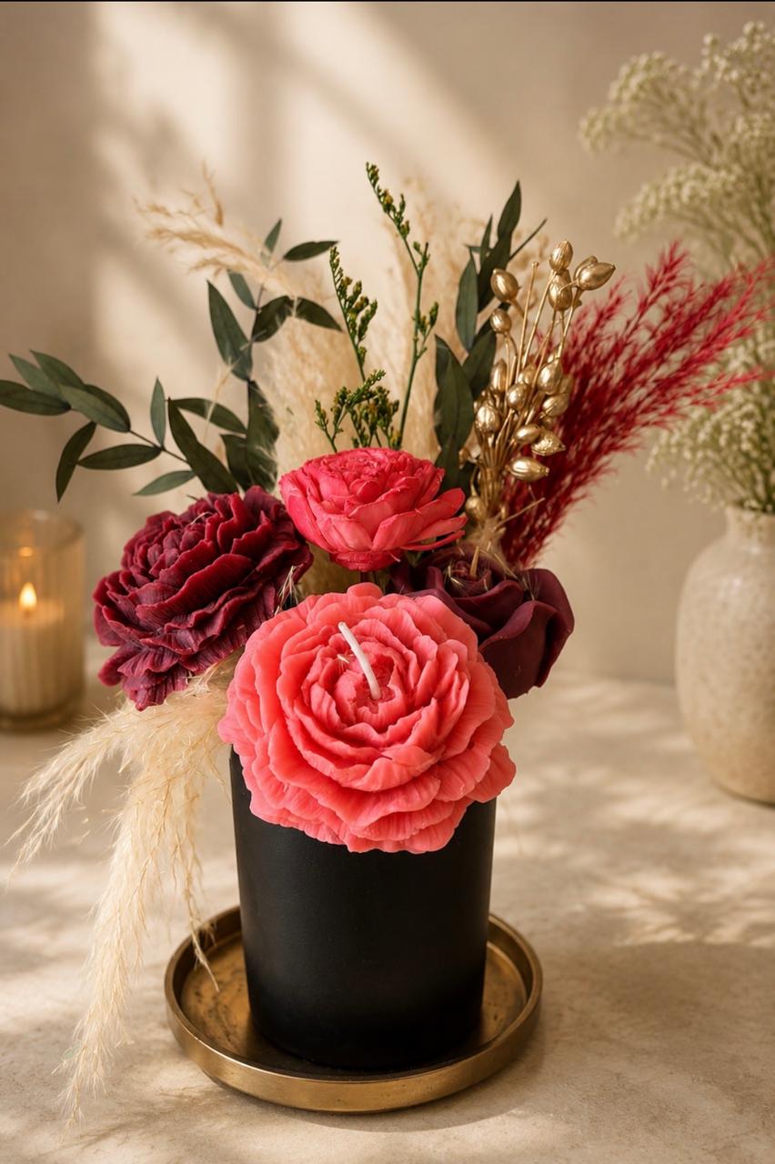 Crimson Velvet & Golden Botanicals Candle Vase