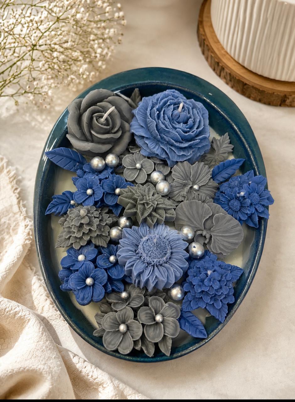 Midnight Sapphire & Slate Floral Candle Tray