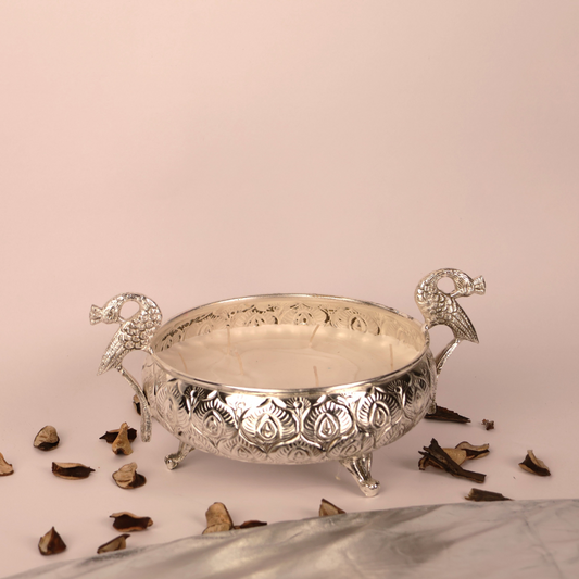 The Silver Brass Majesty Peacock Urli Candle